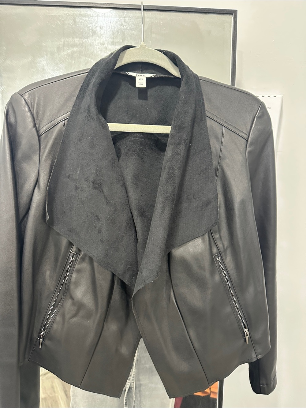 Leather Open-Front Jacket with Draped Collar - Black
